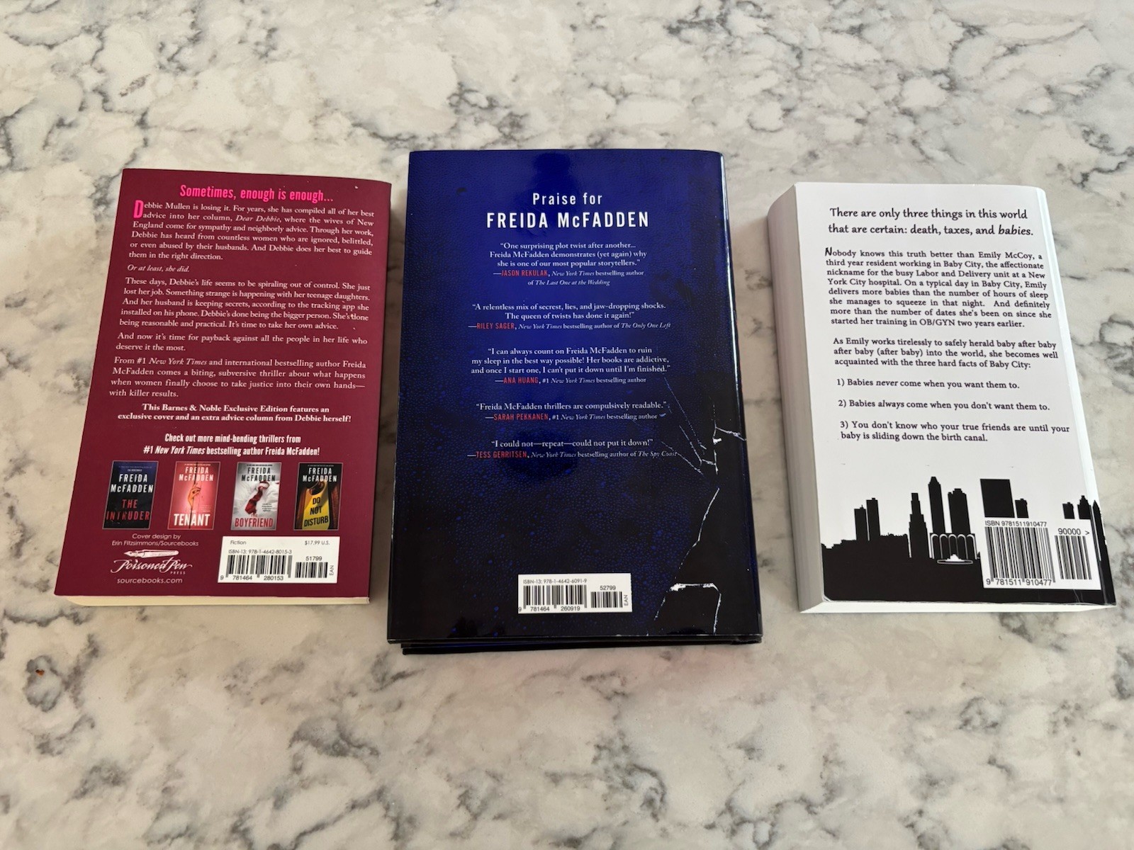 Freida McFadden – Dear Debbie (pb), The Intruder (hardcover), Baby City (pb)