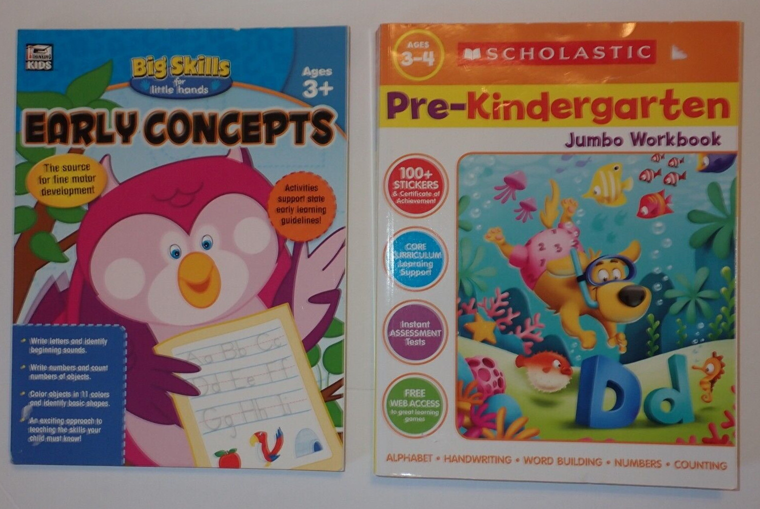 2 Workbooks Ages 3-4 Scholastic Pre-Kindergarten & Big Skills Early Concepts