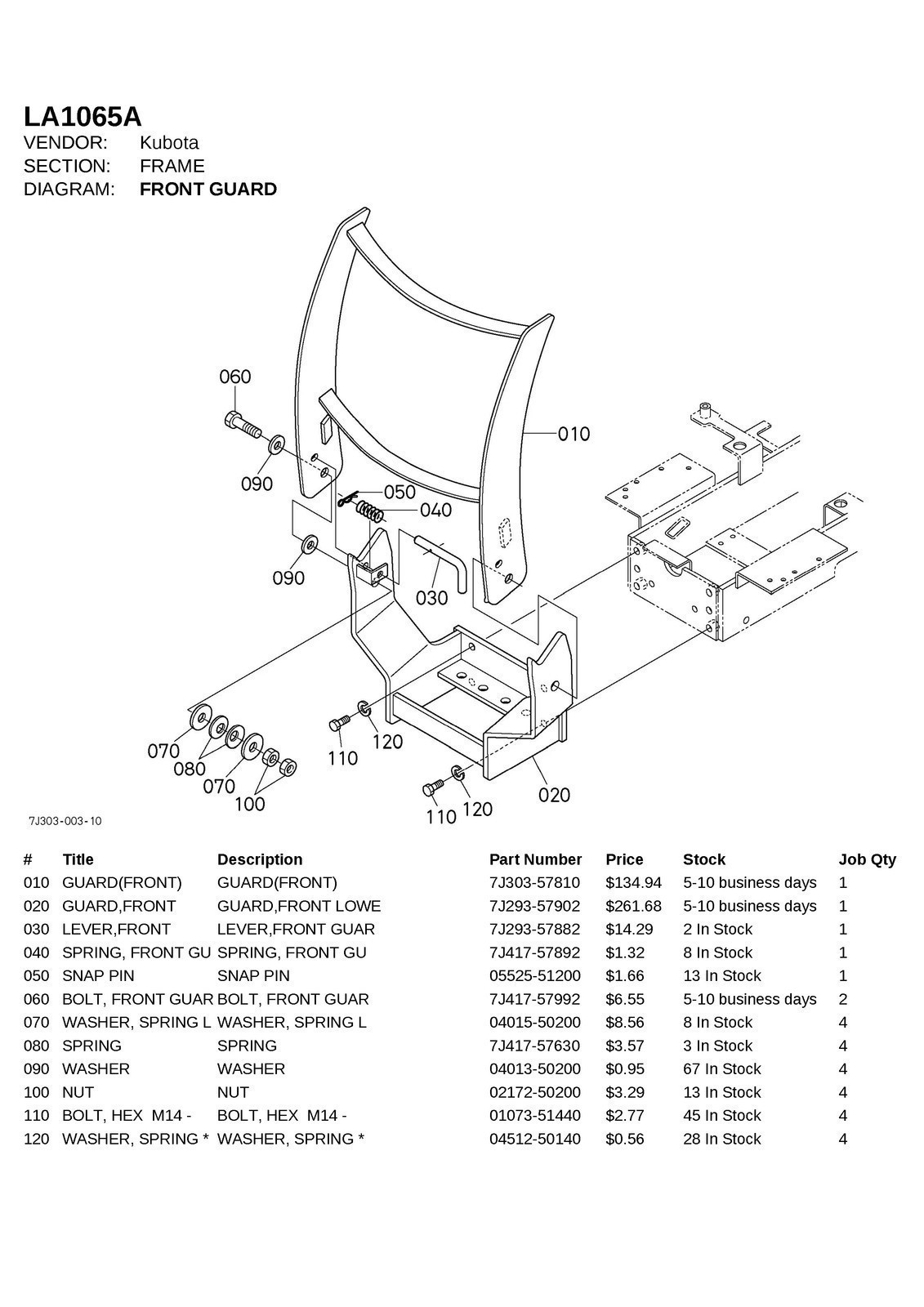 KUBOTA LA1065A FRONT LOADER ILLUSTRATED PARTS LIST MANUAL – WIRE BIND – COVERED
